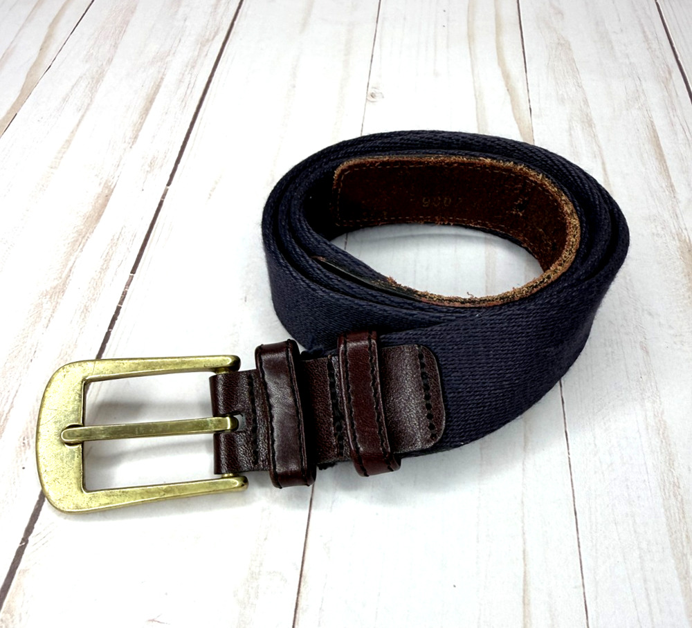 Vintage Etienne Aigner Leather & Cloth Belt Navy/Brown Brass Buckle 32 Inches